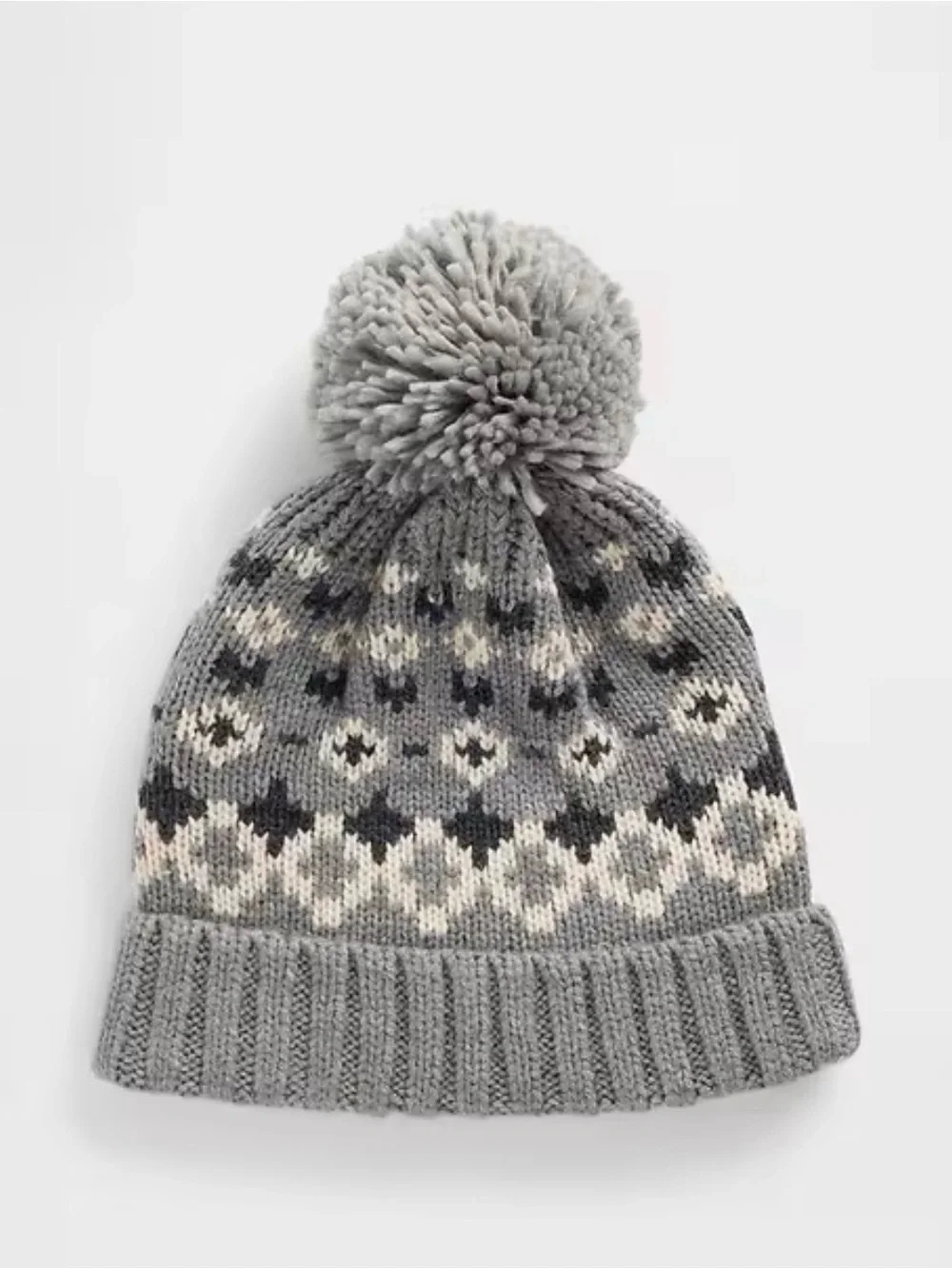 Fair Isle Poof Beanie in Grey fairisle NWT